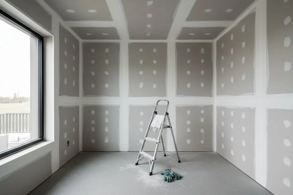 Drywall installation in Whitchurch-Stouffville by Express Drywall Services with taped seams, ladder and gloves on the floor