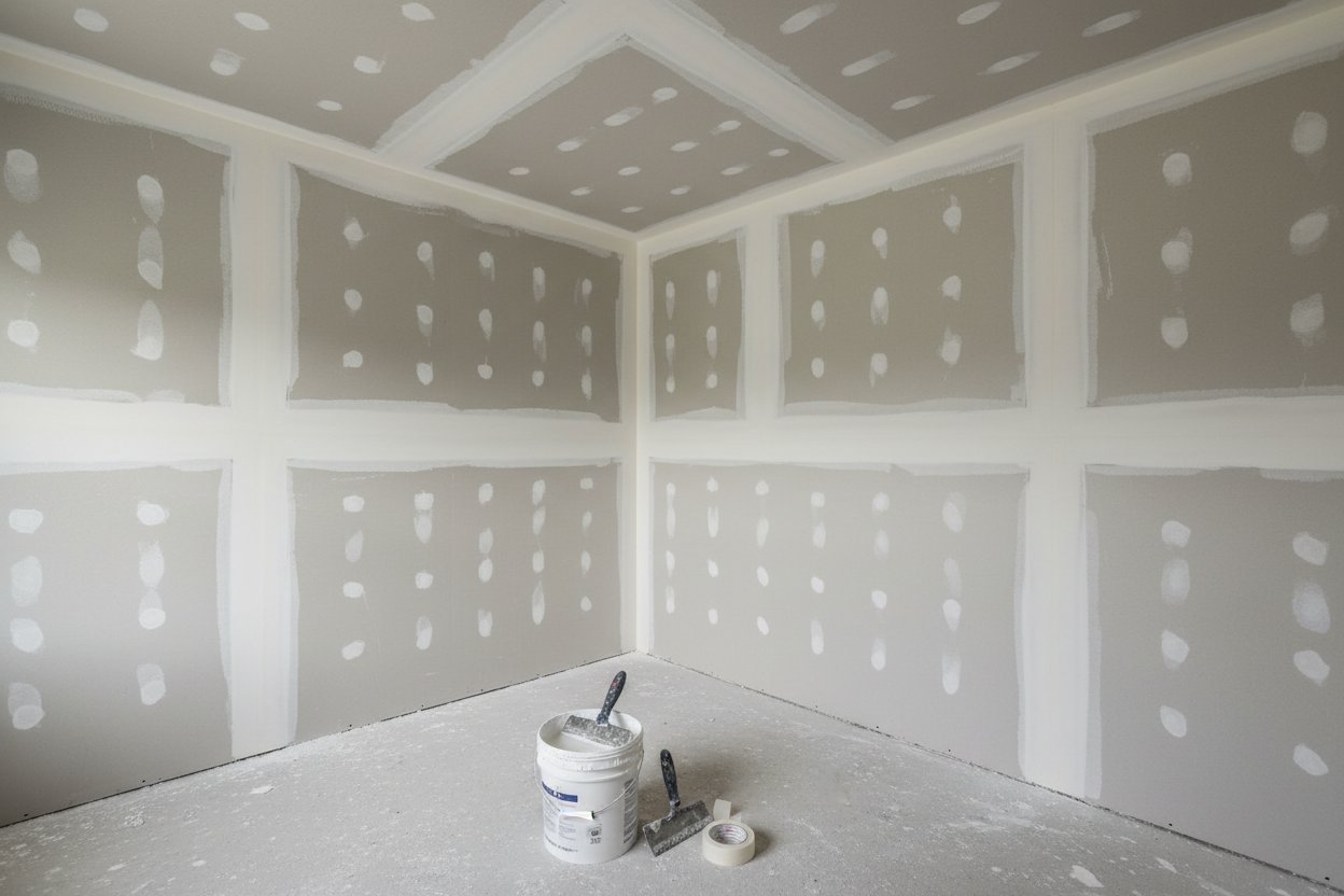 Express Drywall Services performing drywall installation in Whitchurch-Stouffville with taping tools and compound bucket