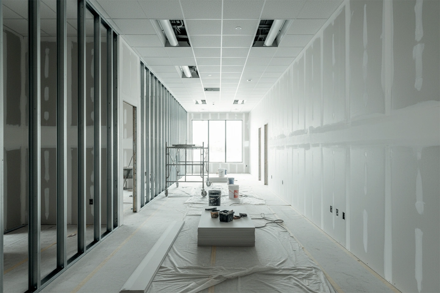 Commercial drywall installation in Burlington with metal stud framing and drywall panels by Express Drywall Services