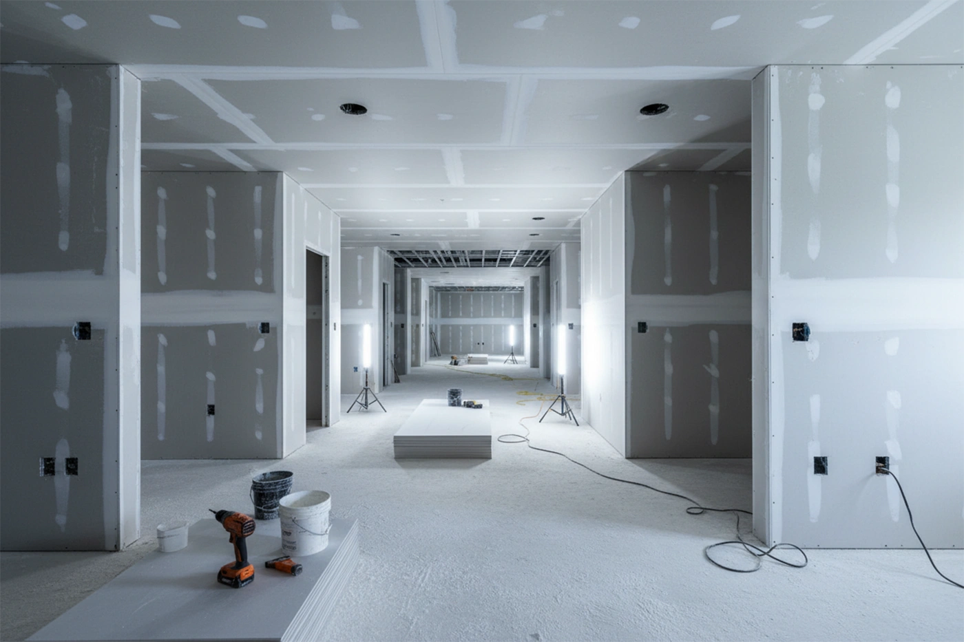 Commercial drywall installation in Burlington showing framed commercial interior with finished drywall by Express Drywall Services