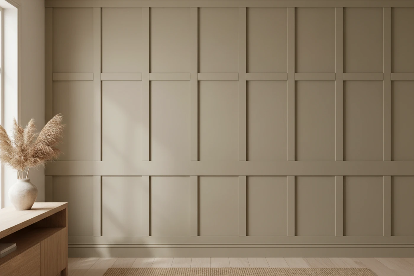 Modern board and batten wall accent with vertical panels in neutral interior design