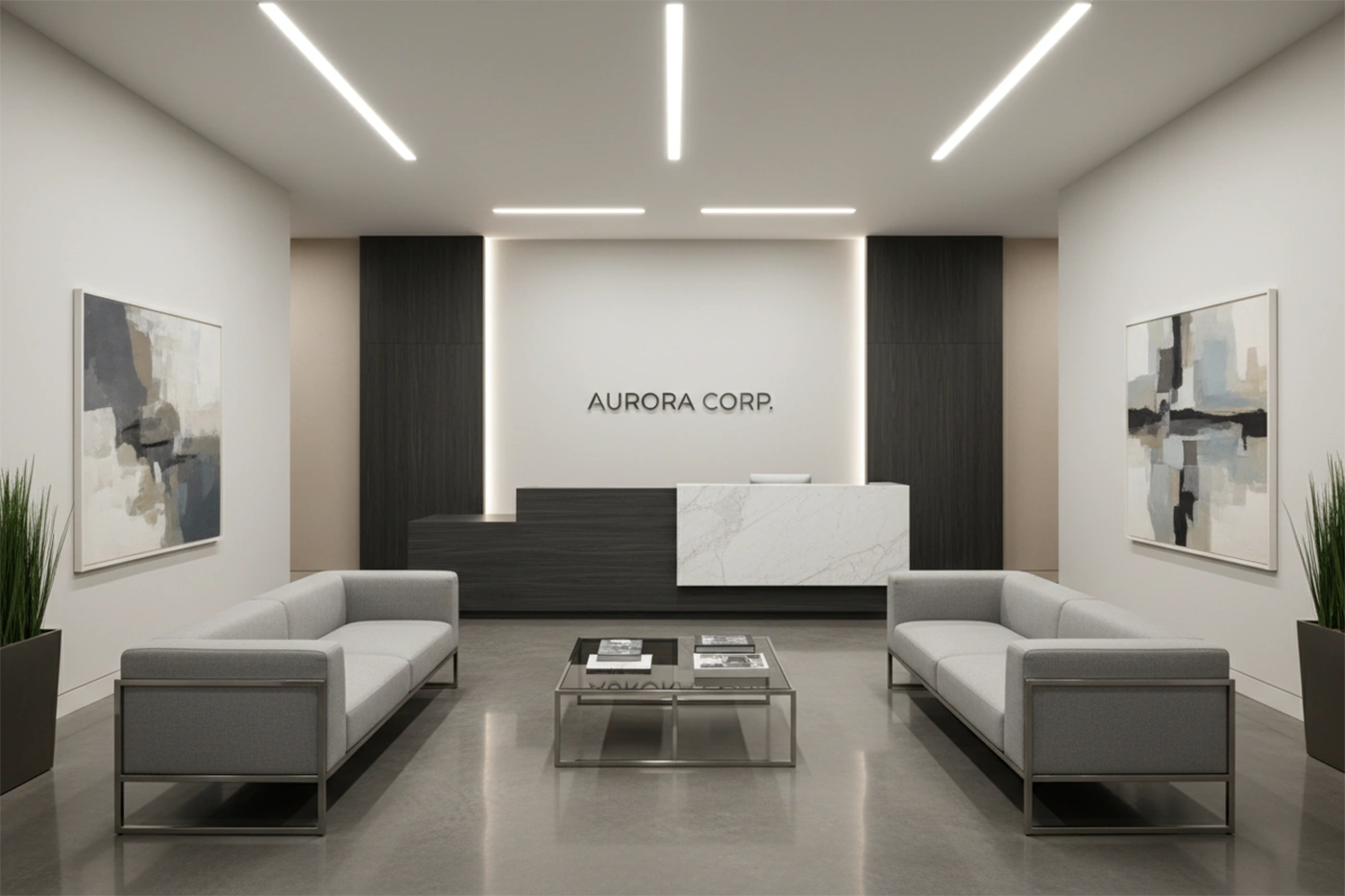 Commercial drywall installation in Bolton by Express Drywall Services showcasing a finished commercial lobby with smooth drywall walls and modern ceiling lighting.