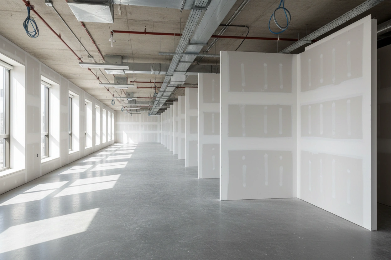 Commercial drywall installation in Markham with partition walls and natural light by Express Drywall Services