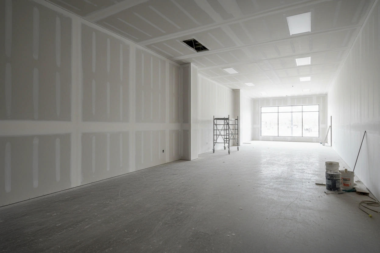 Commercial drywall installation in Bolton by Express Drywall Services inside a large open commercial unit with taped drywall walls and ceilings.