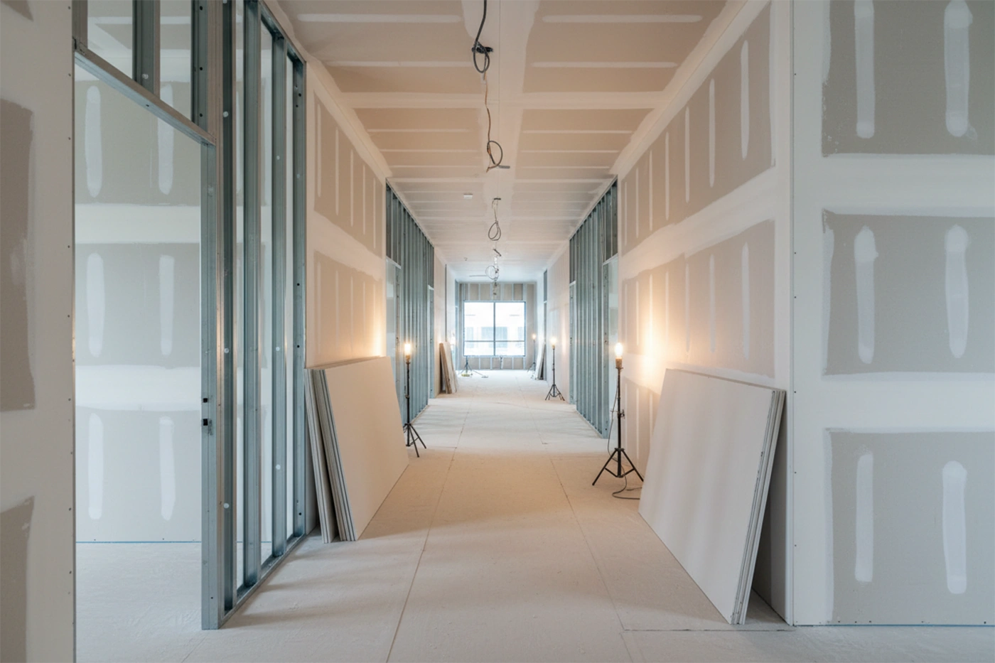 Commercial drywall installation in Nobleton by Express Drywall Services with long commercial corridor, framed partitions, and drywall boards staged for installation.