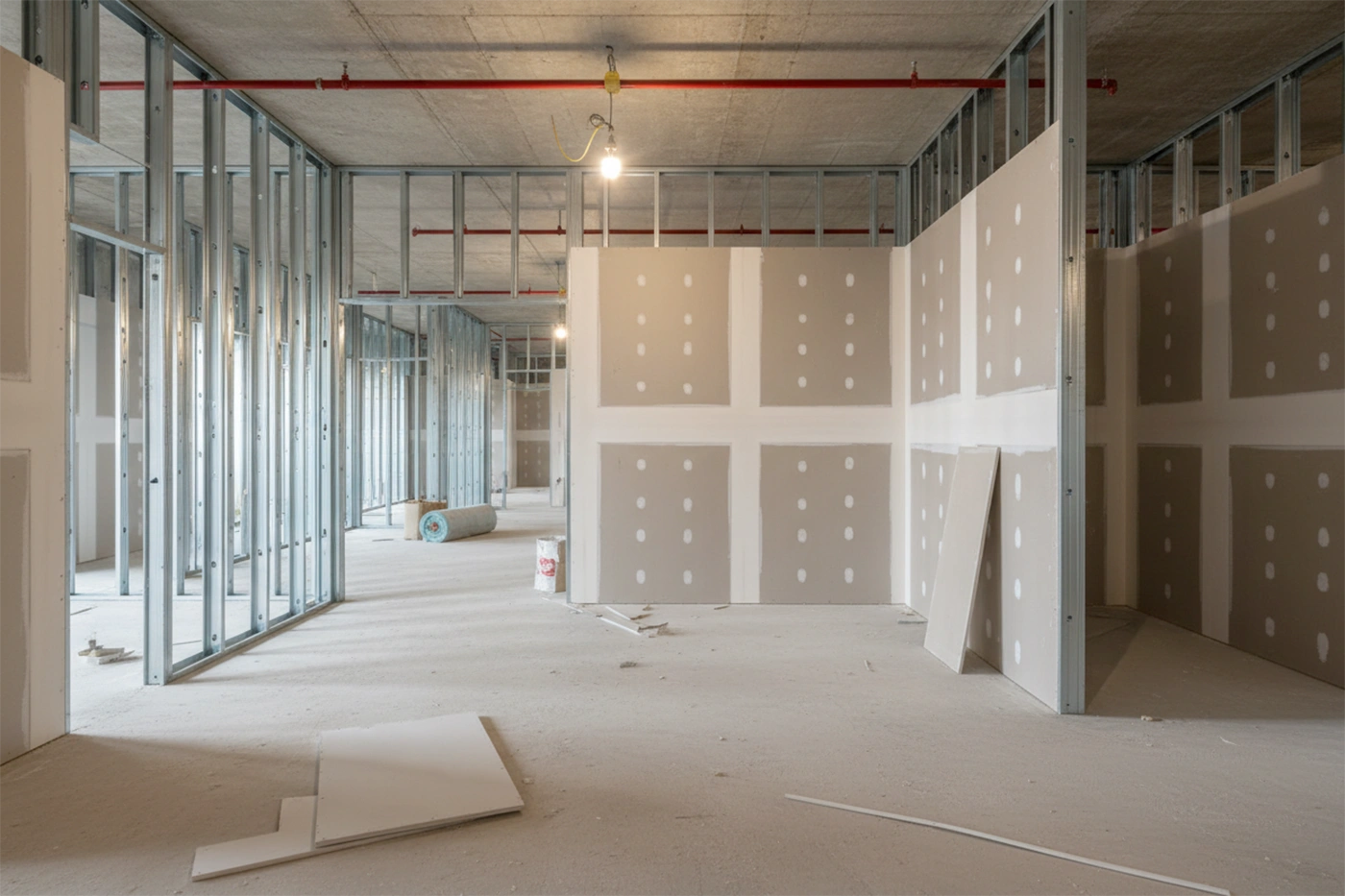 Commercial drywall installation in Nobleton by Express Drywall Services showing metal stud framing and installed drywall panels inside a commercial unit.