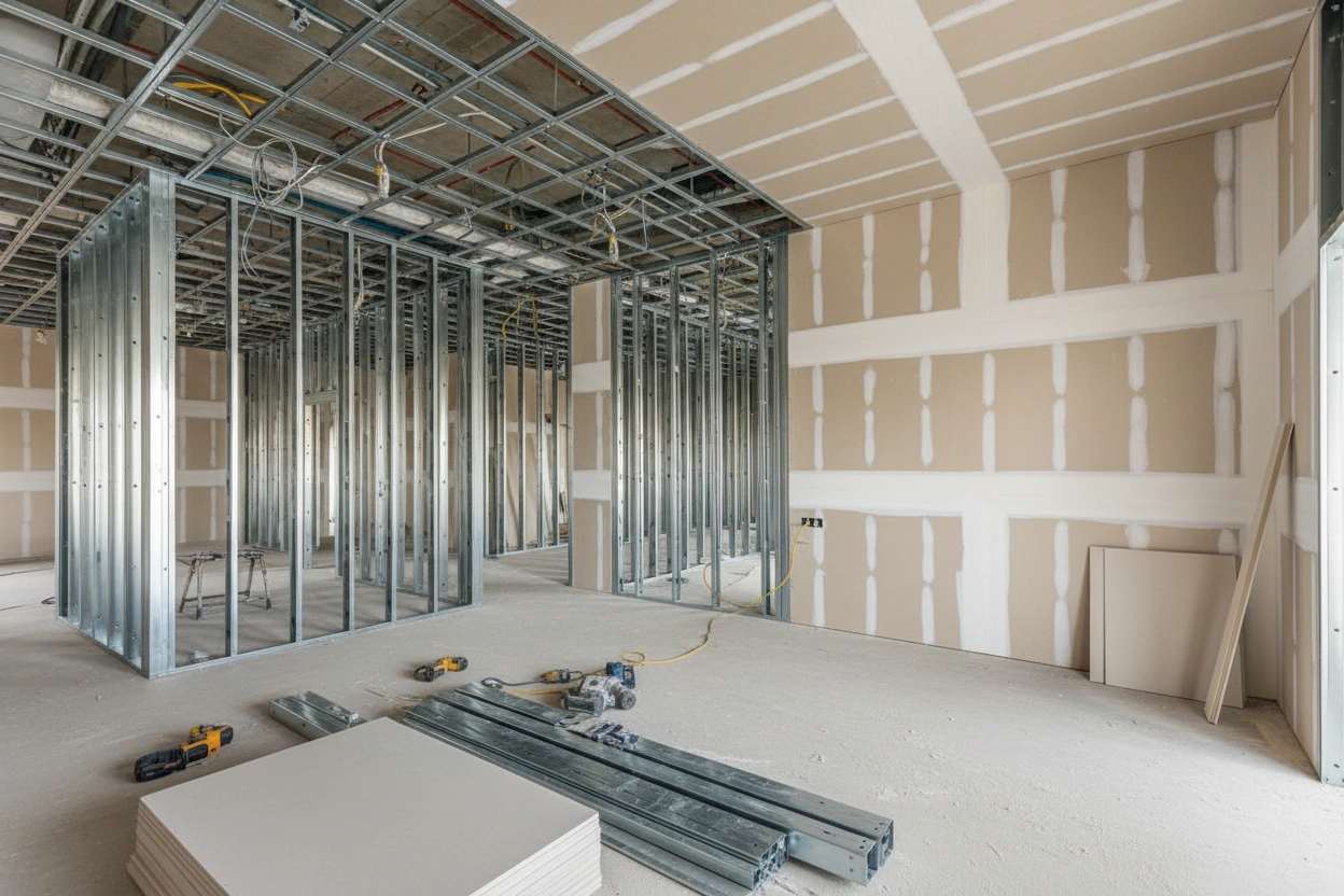 Commercial drywall installation in Vaughan with steel framing and ceiling grid by Express Drywall Services