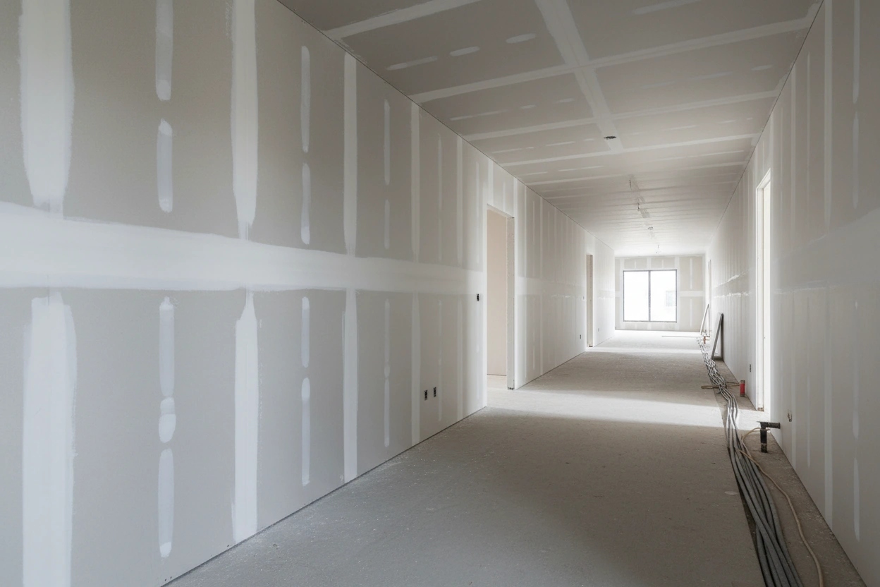 Commercial drywall installation in Brampton showing taped and mudded corridor walls by Express Drywall Services