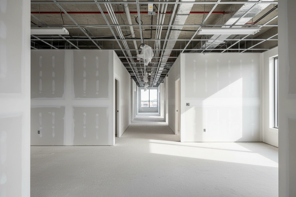 Commercial drywall installation in Brampton showing framed corridors and drywall partitions by Express Drywall Services