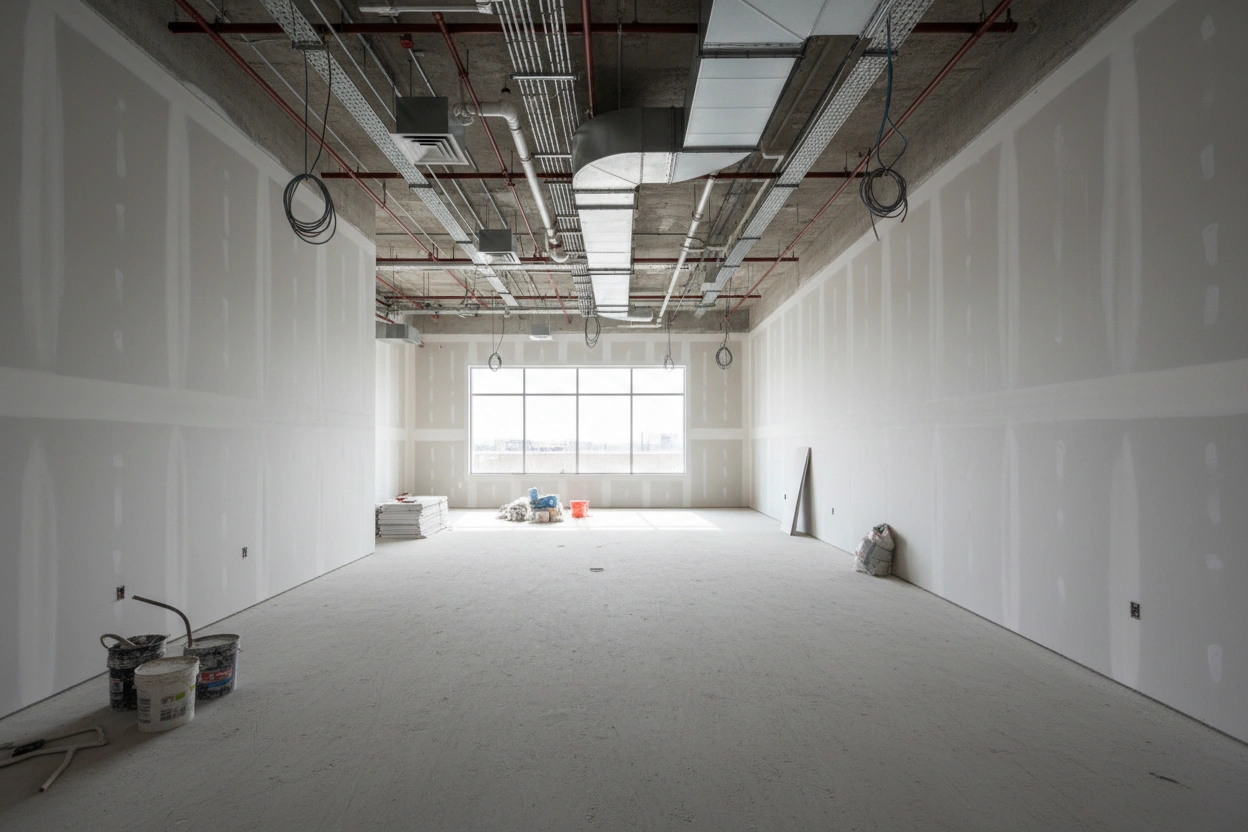Commercial drywall installation in Mississauga featuring finished drywall walls in a large commercial space by Express Drywall Services