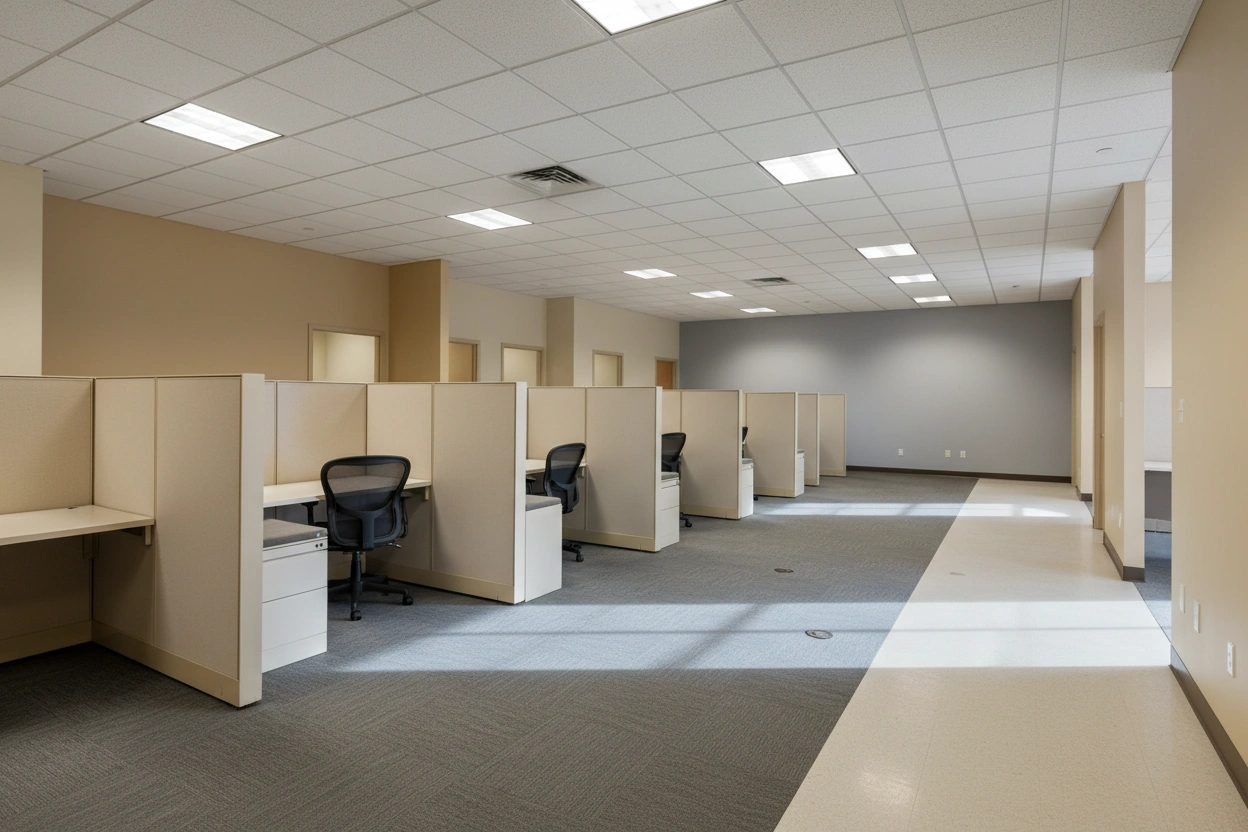 Commercial drywall installation in East York featuring a finished open office interior by Express Drywall Services