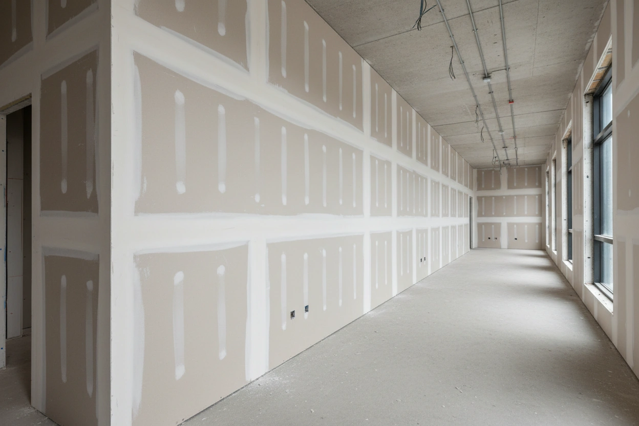 Commercial drywall installation in East York showing taped and finished drywall walls in a commercial corridor by Express Drywall Services