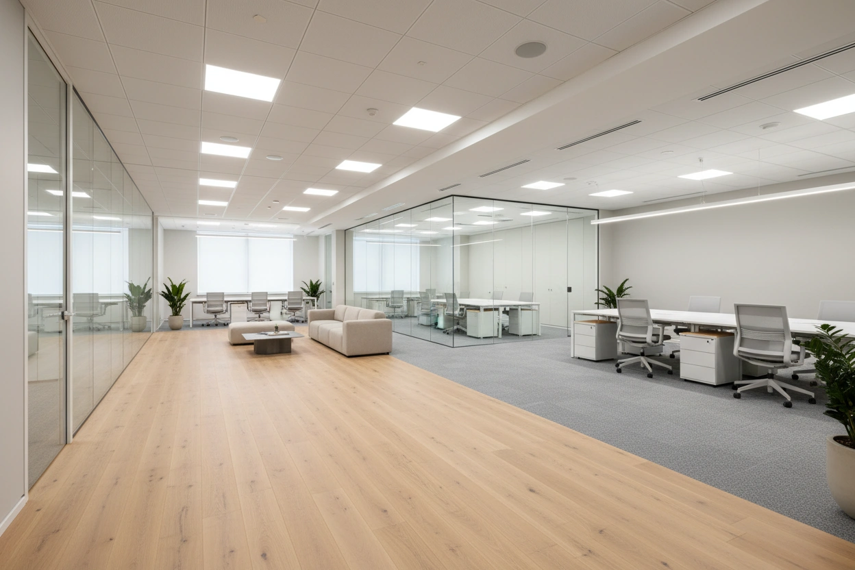 Commercial drywall installation in Scarborough featuring modern finished office interior by Express Drywall Services