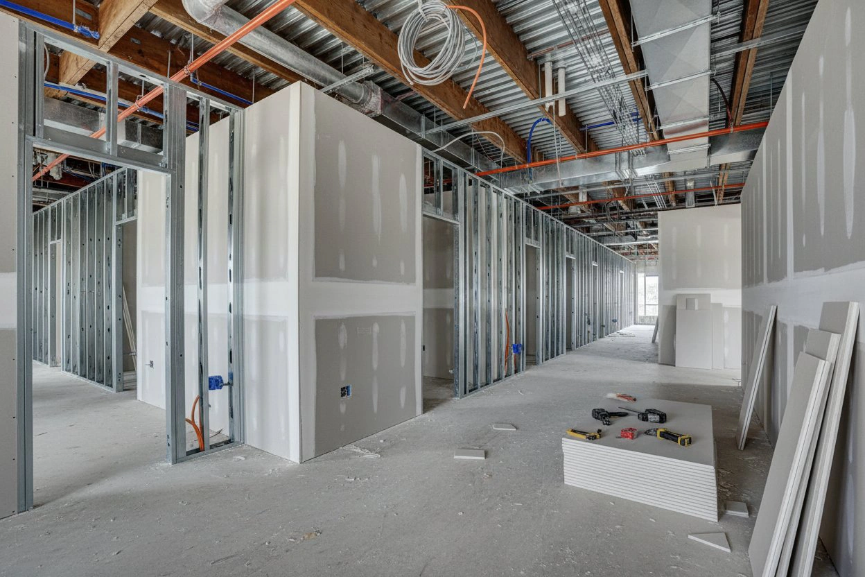 Commercial drywall installation in Scarborough showcasing framed commercial partitions by Express Drywall Services