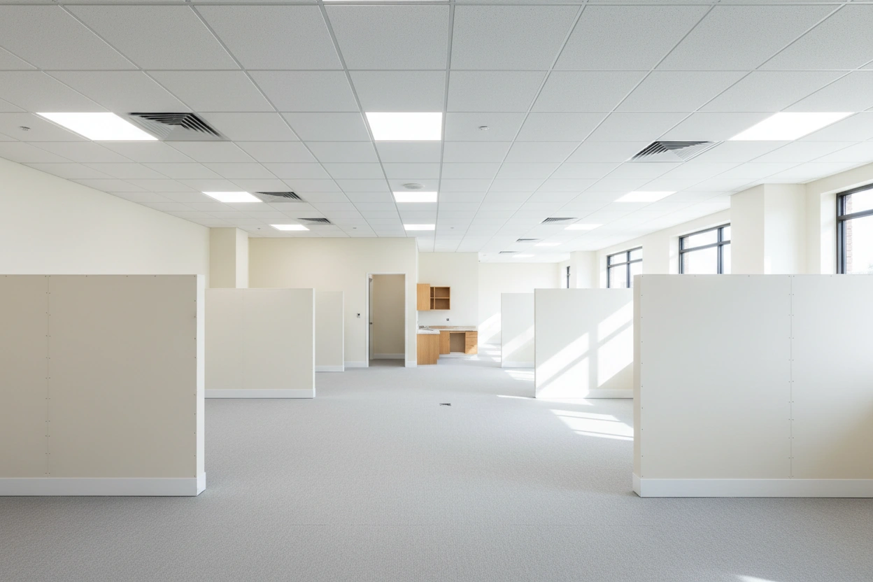 Commercial drywall installation in North York with finished office partitions and drop ceiling by Express Drywall Services