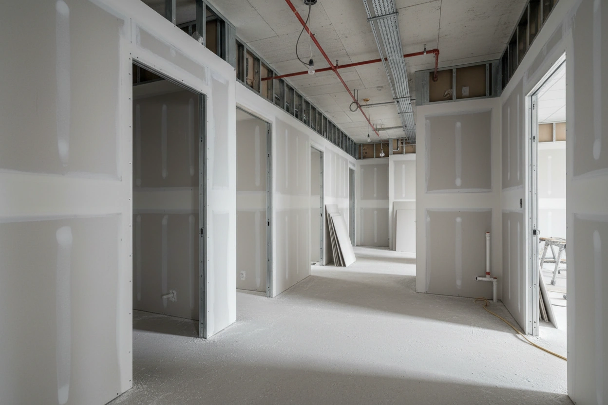 Commercial drywall installation in North York showing framed corridors and finished drywall walls by Express Drywall Services