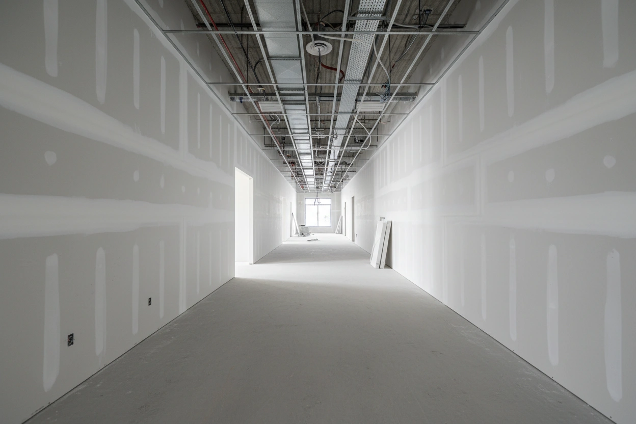 Commercial drywall installation in North York with long finished hallway and exposed ceiling systems by Express Drywall Services