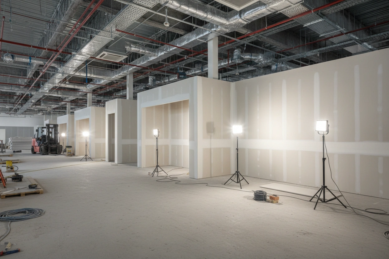 Commercial drywall installation in Etobicoke with completed wall systems by Express Drywall Services