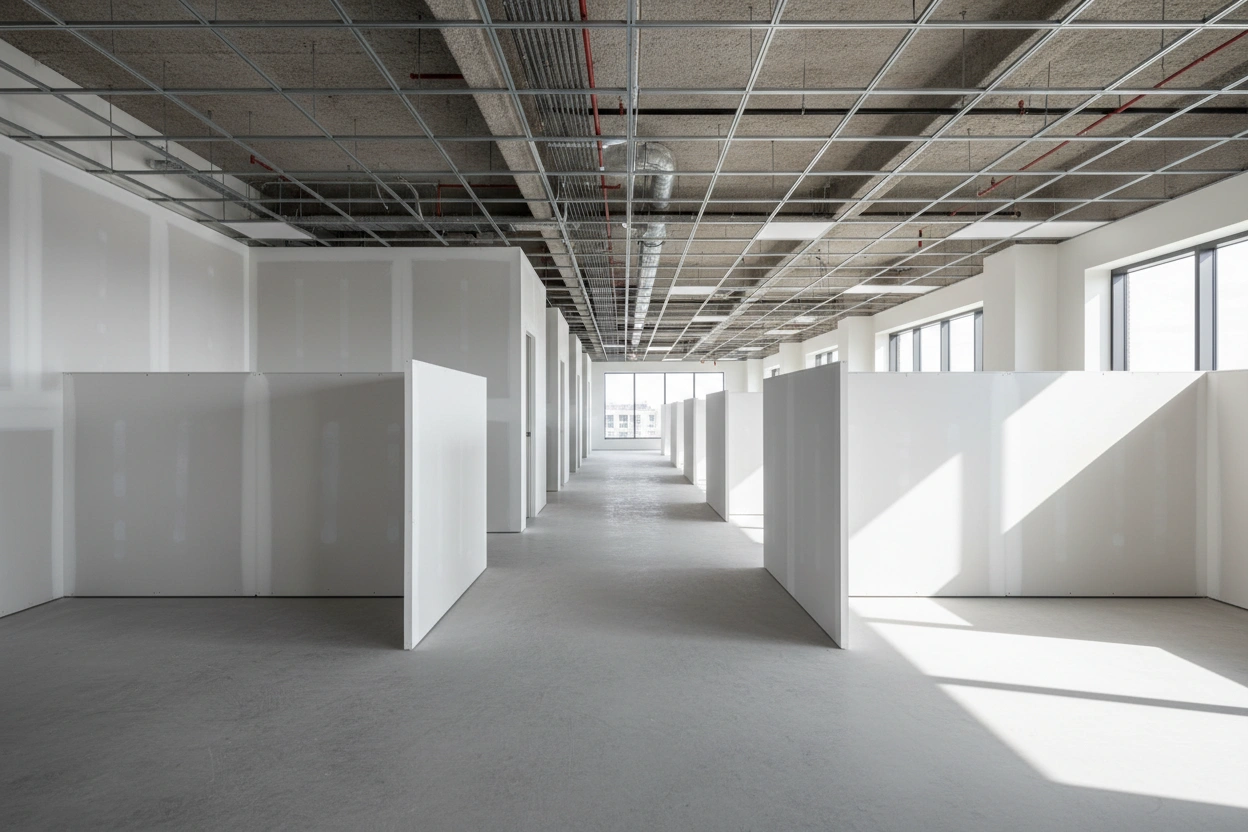Commercial drywall installation in Etobicoke showing framed office corridors by Express Drywall Services