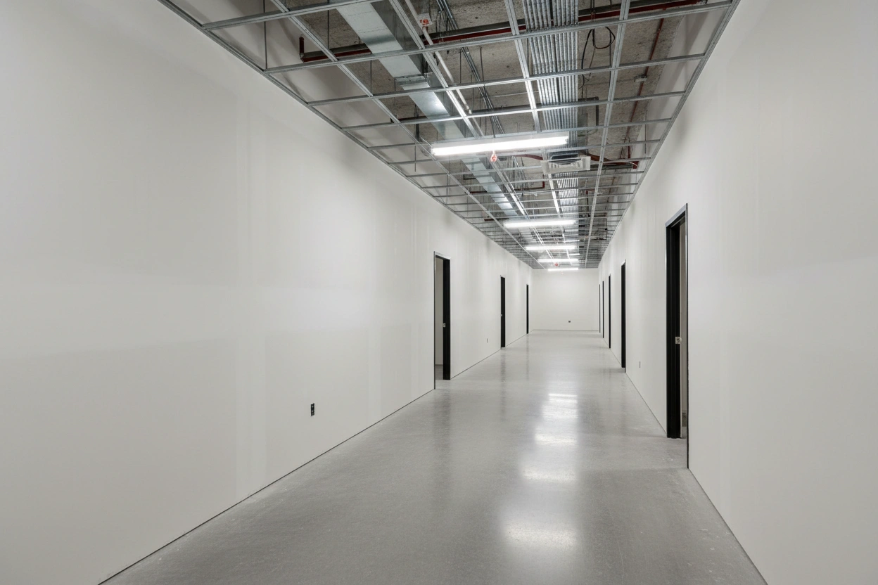 Commercial drywall installation in Barrie hallway with finished drywall walls by Express Drywall Services