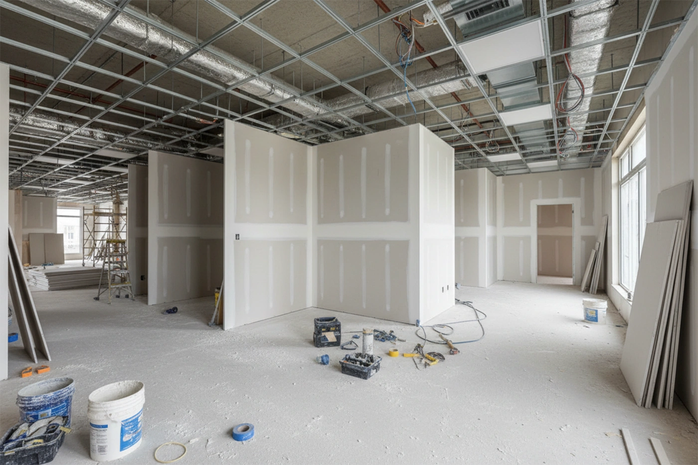 Commercial drywall installation in Pickering showing drywall partitions and open ceiling grid by Express Drywall Services