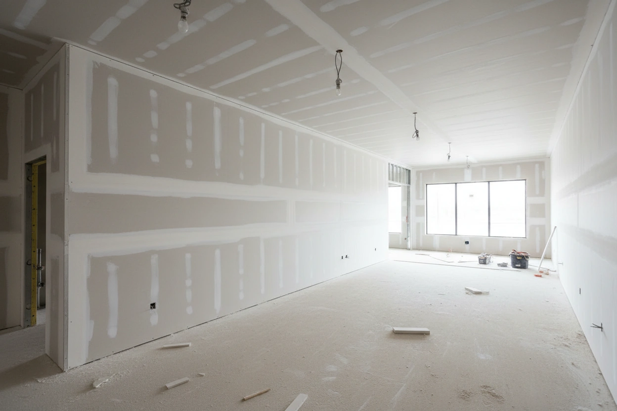 Commercial drywall installation in East Gwillimbury showing newly installed gypsum board walls and ceilings in a commercial interior by Express Drywall Services