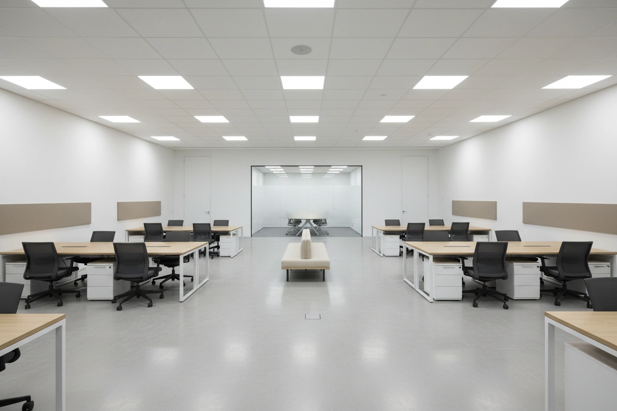 Commercial drywall installation in East Gwillimbury showcasing a finished commercial office interior with smooth drywall walls and suspended ceiling by Express Drywall Services