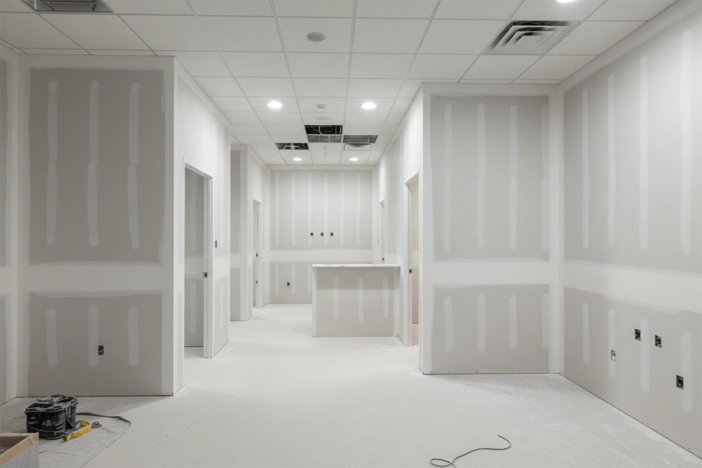 Commercial drywall installation in Pickering inside commercial hallway built by Express Drywall Services
