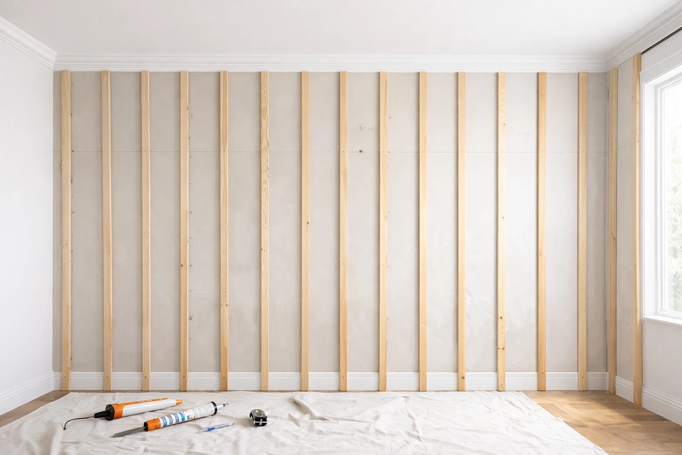 Board and batten wall installation process with vertical battens fixed to drywall