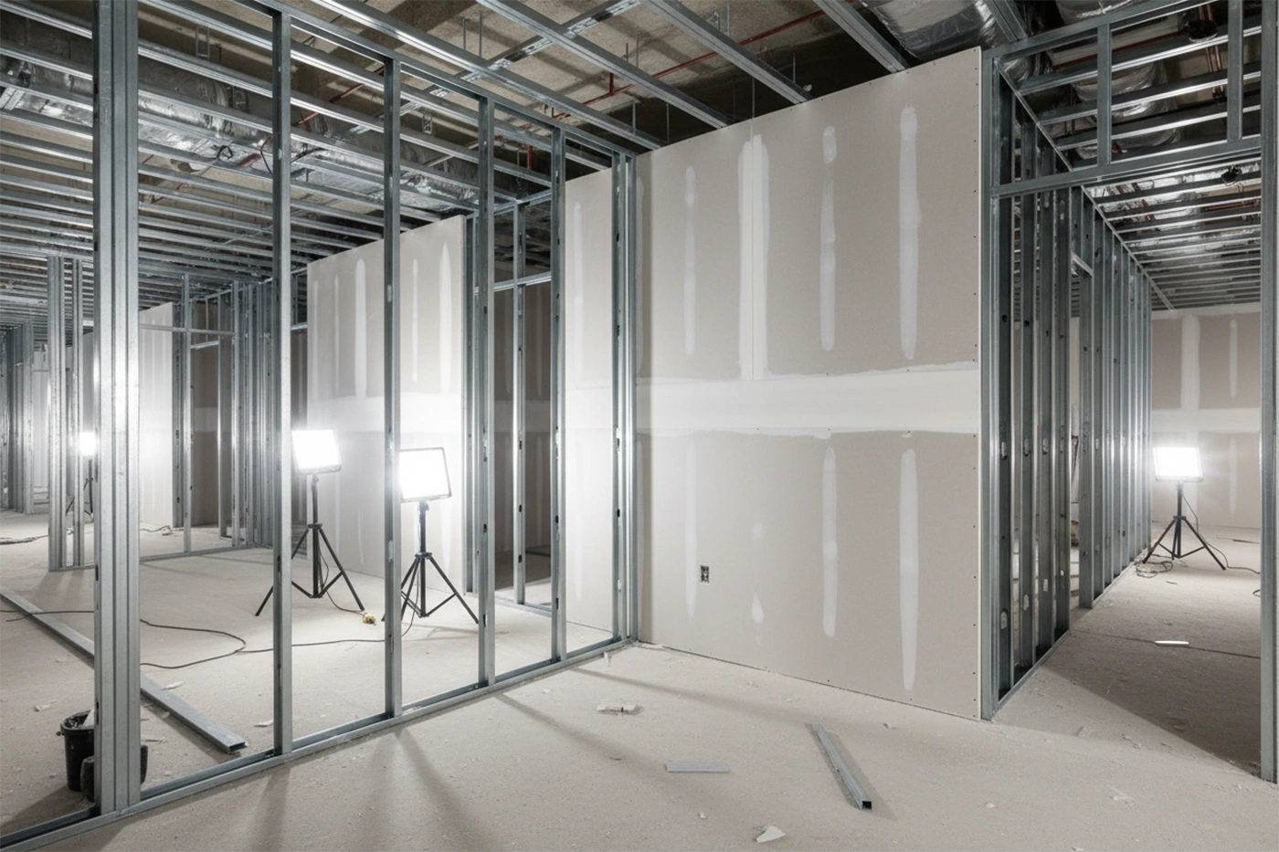 Commercial drywall installation in Ajax with metal stud framing and drywall panels by Express Drywall Services