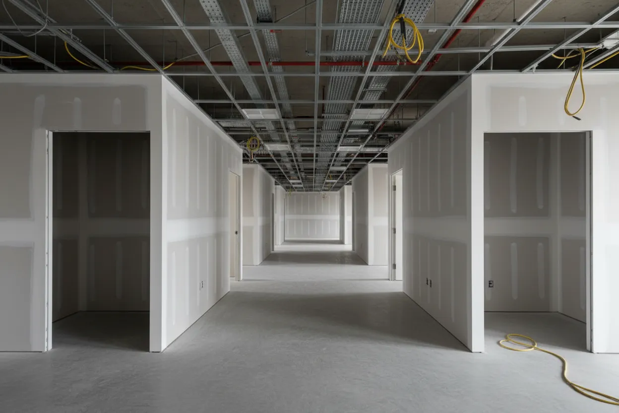 Commercial drywall installation in Innisfil inside a commercial corridor with framed drywall rooms by Express Drywall Services