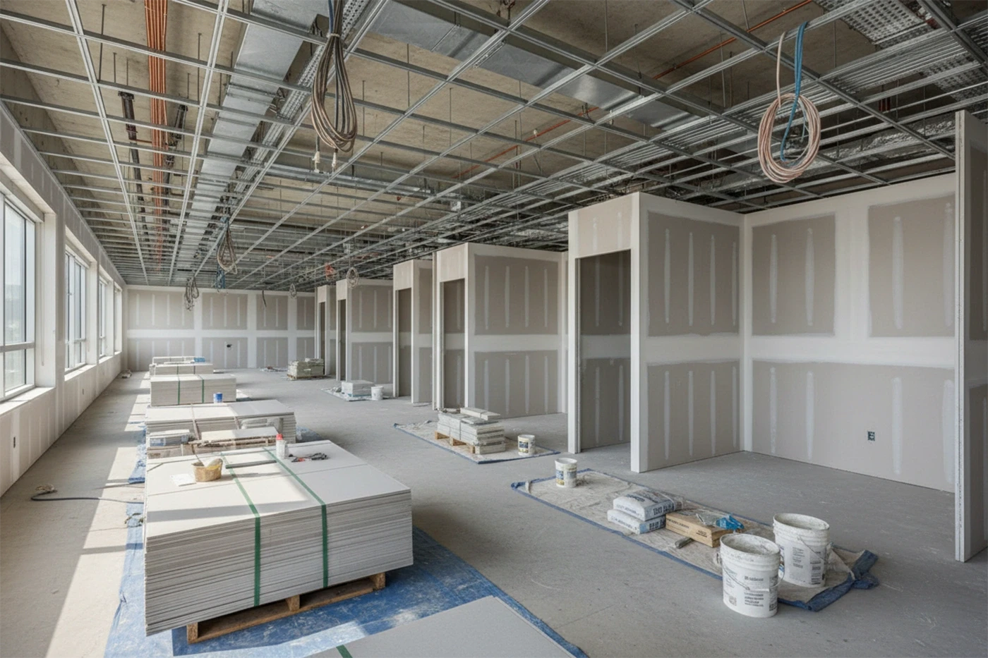 Commercial drywall installation in Ajax showing large-scale office drywall partitions completed by Express Drywall Services