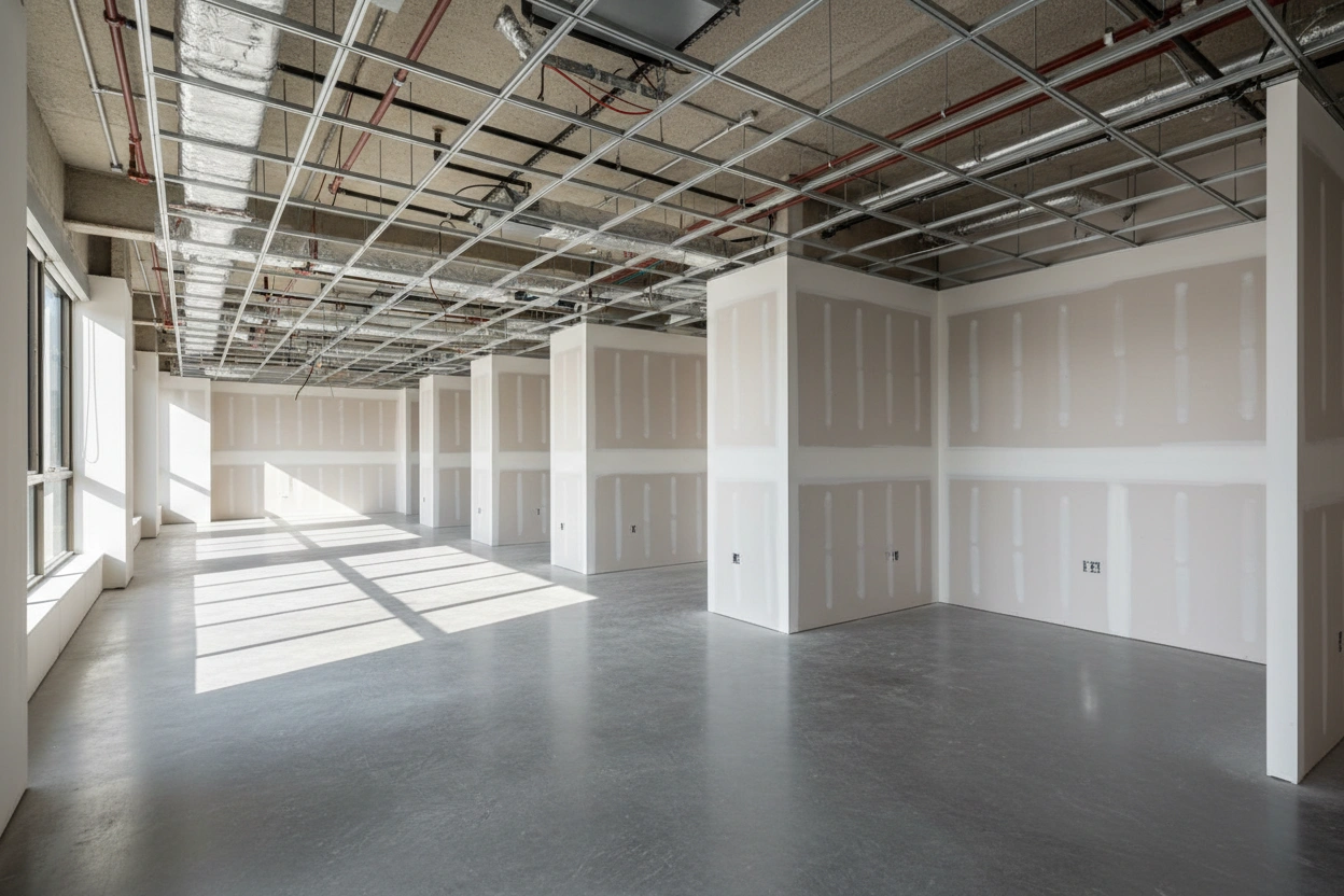 Commercial drywall installation in Innisfil showing newly built drywall partitions and open commercial floor layout by Express Drywall Services