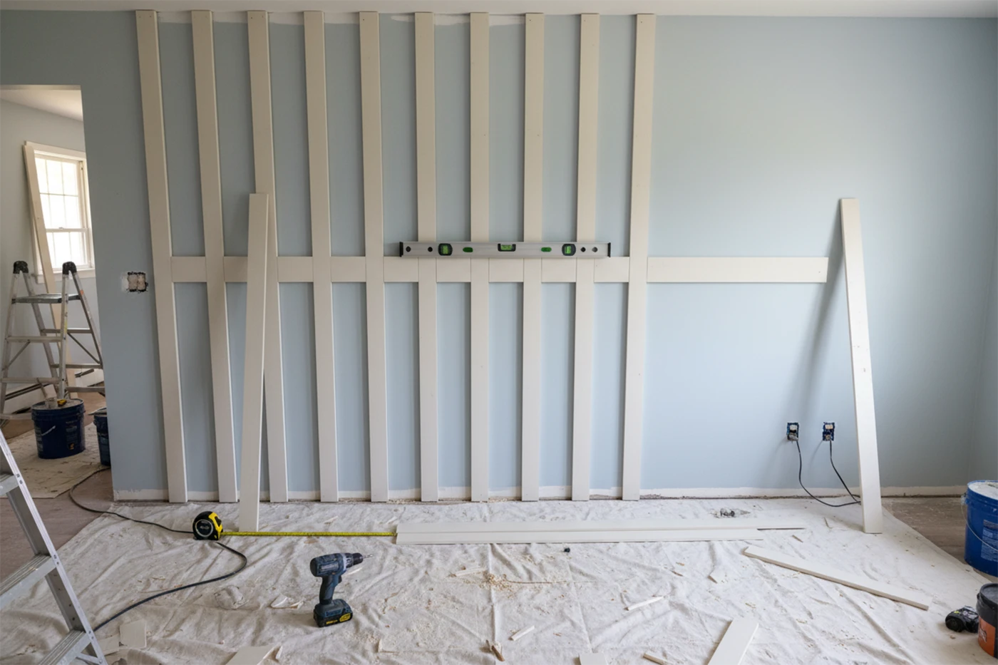 Board and batten wall framing layout before finishing and painting