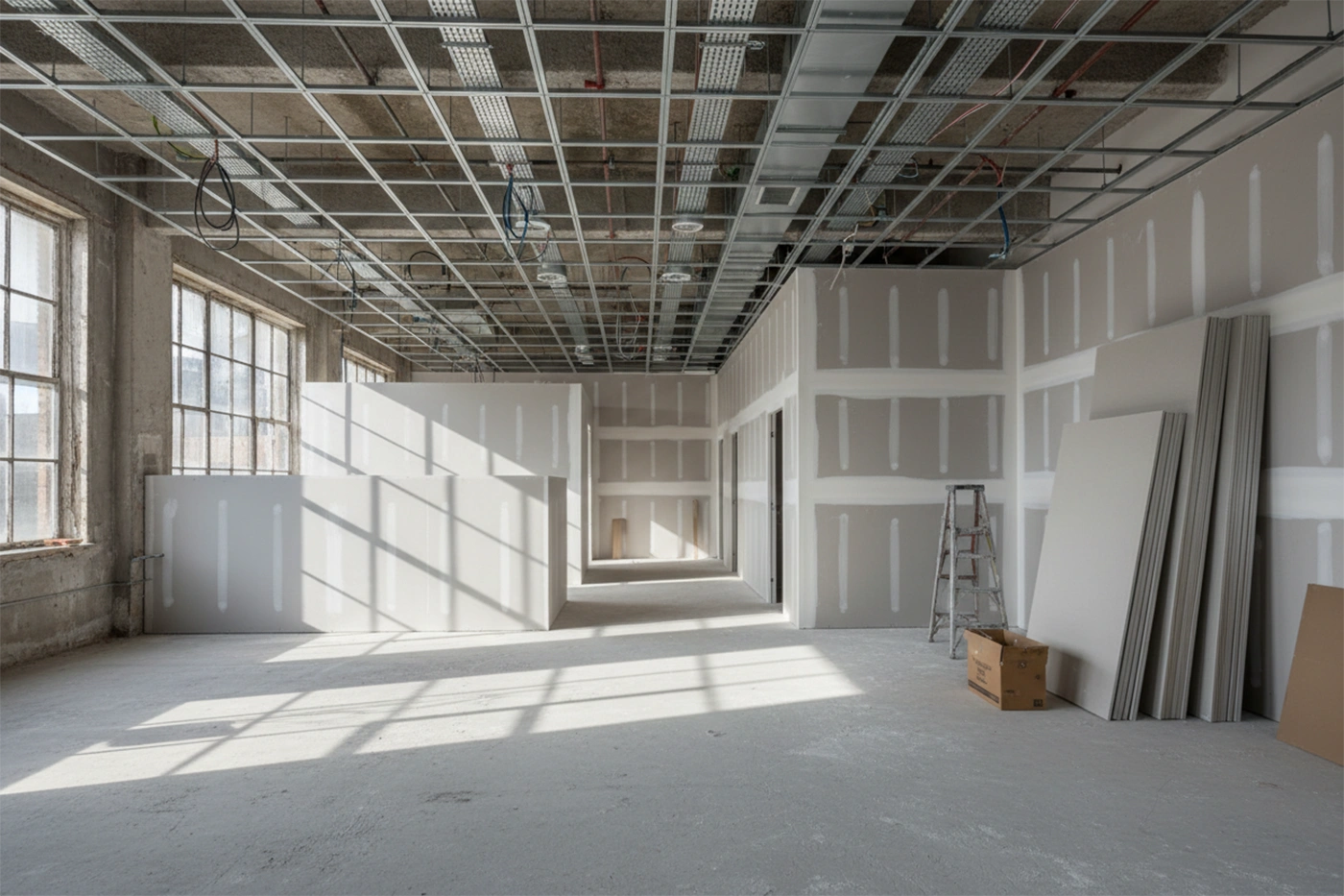 Commercial drywall installation in Whitby with framed drywall partitions and open ceiling grid by Express Drywall Services