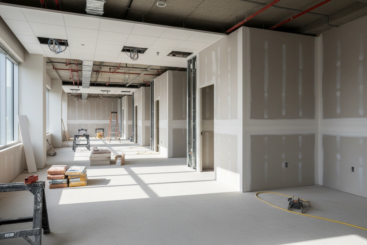 Commercial drywall installation in Hamilton inside a commercial corridor with drywall partitions and ceiling grid by Express Drywall Services