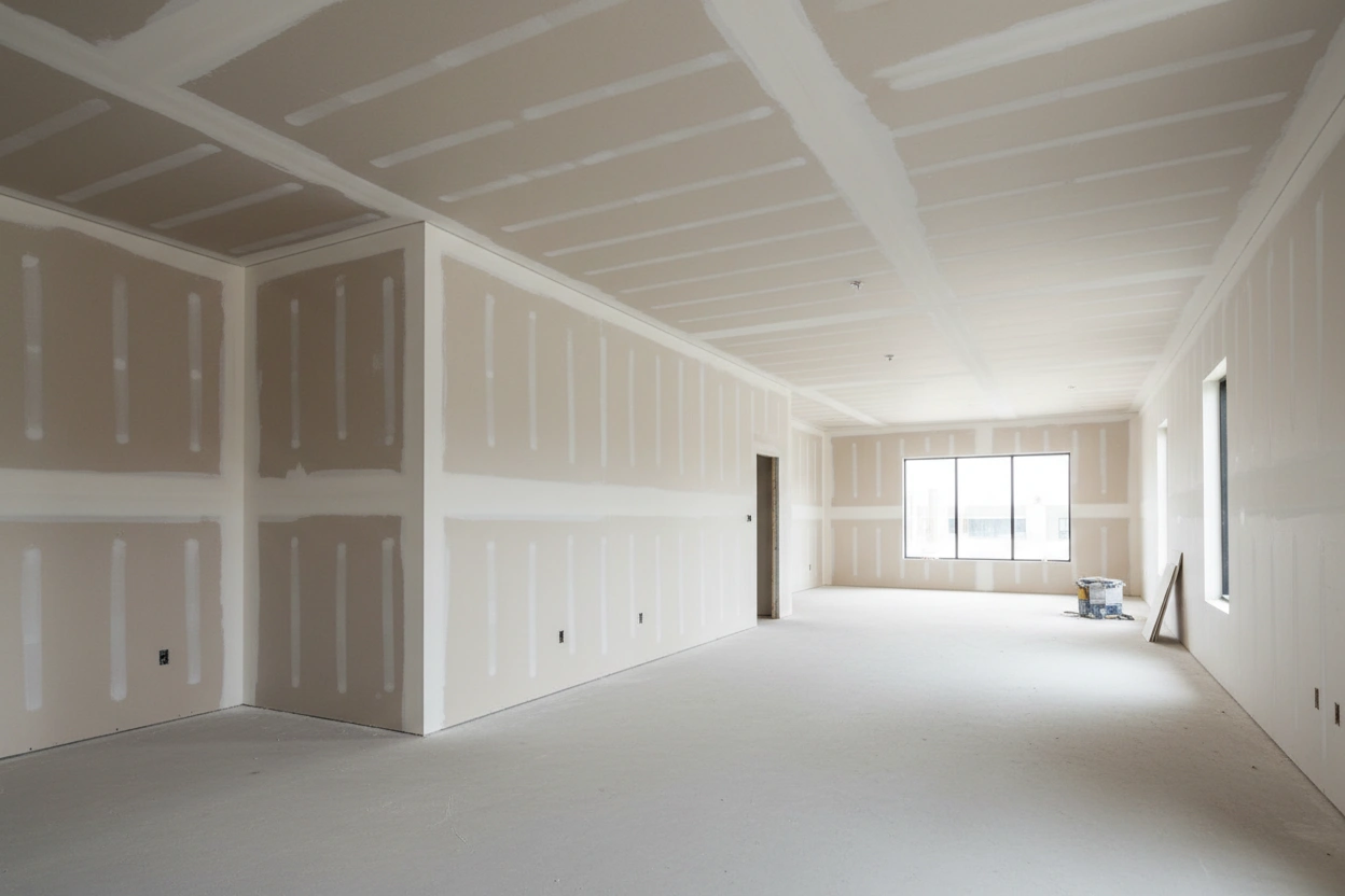 Commercial drywall installation in Hamilton showing taped and mudded drywall walls in a large commercial interior by Express Drywall Services