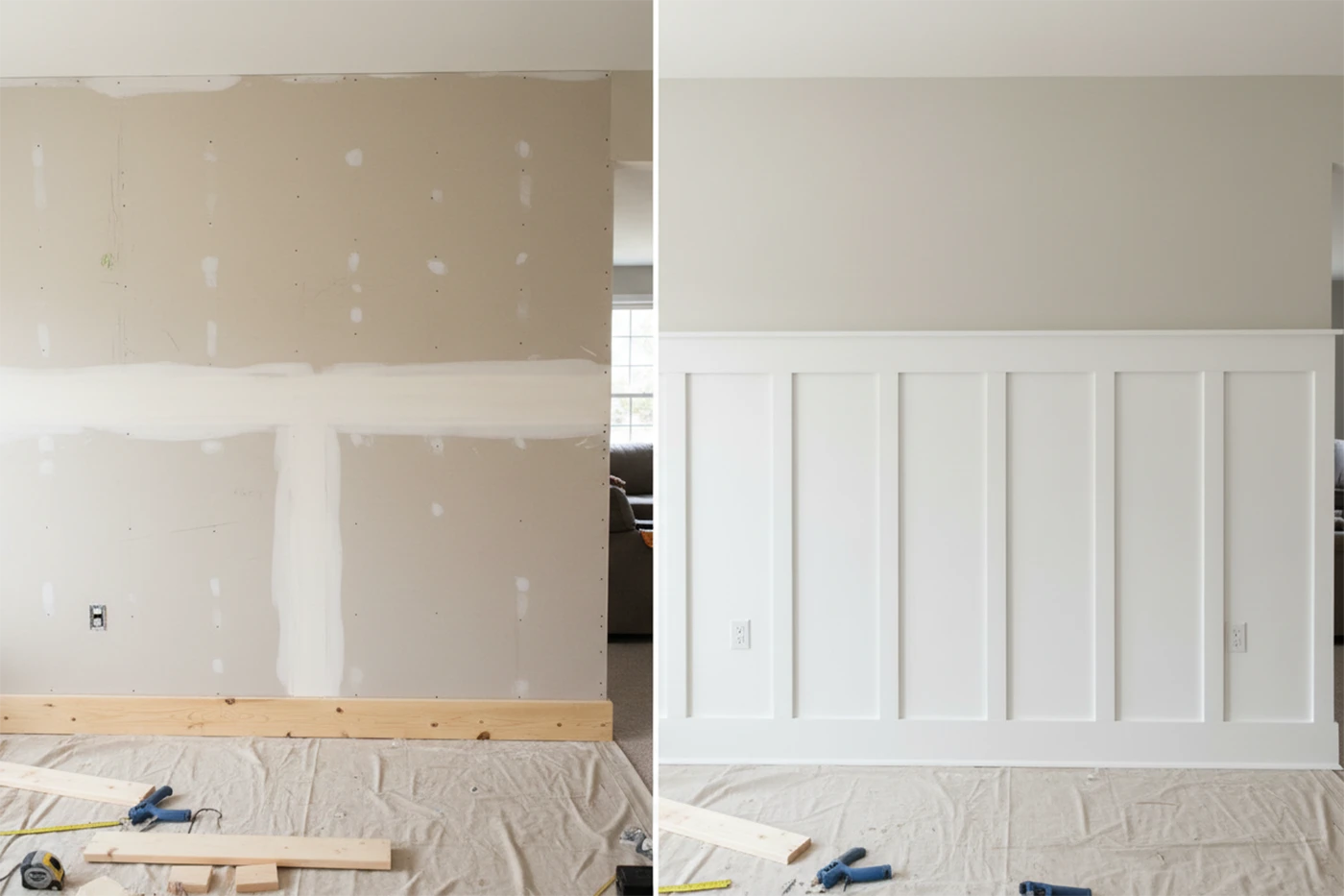 Board and batten wall before and after transformation with drywall and finished panels