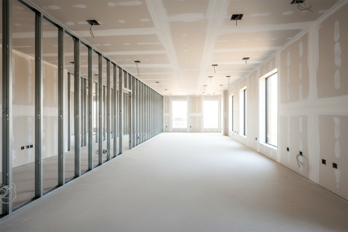 Commercial drywall installation in Oshawa showing metal stud framing and drywall installation by Express Drywall Services