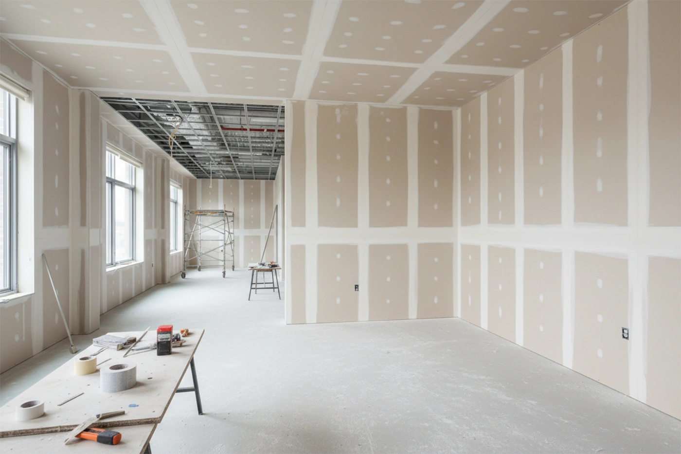 Commercial drywall installation in Oshawa showing taped drywall walls and ceiling preparation by Express Drywall Services