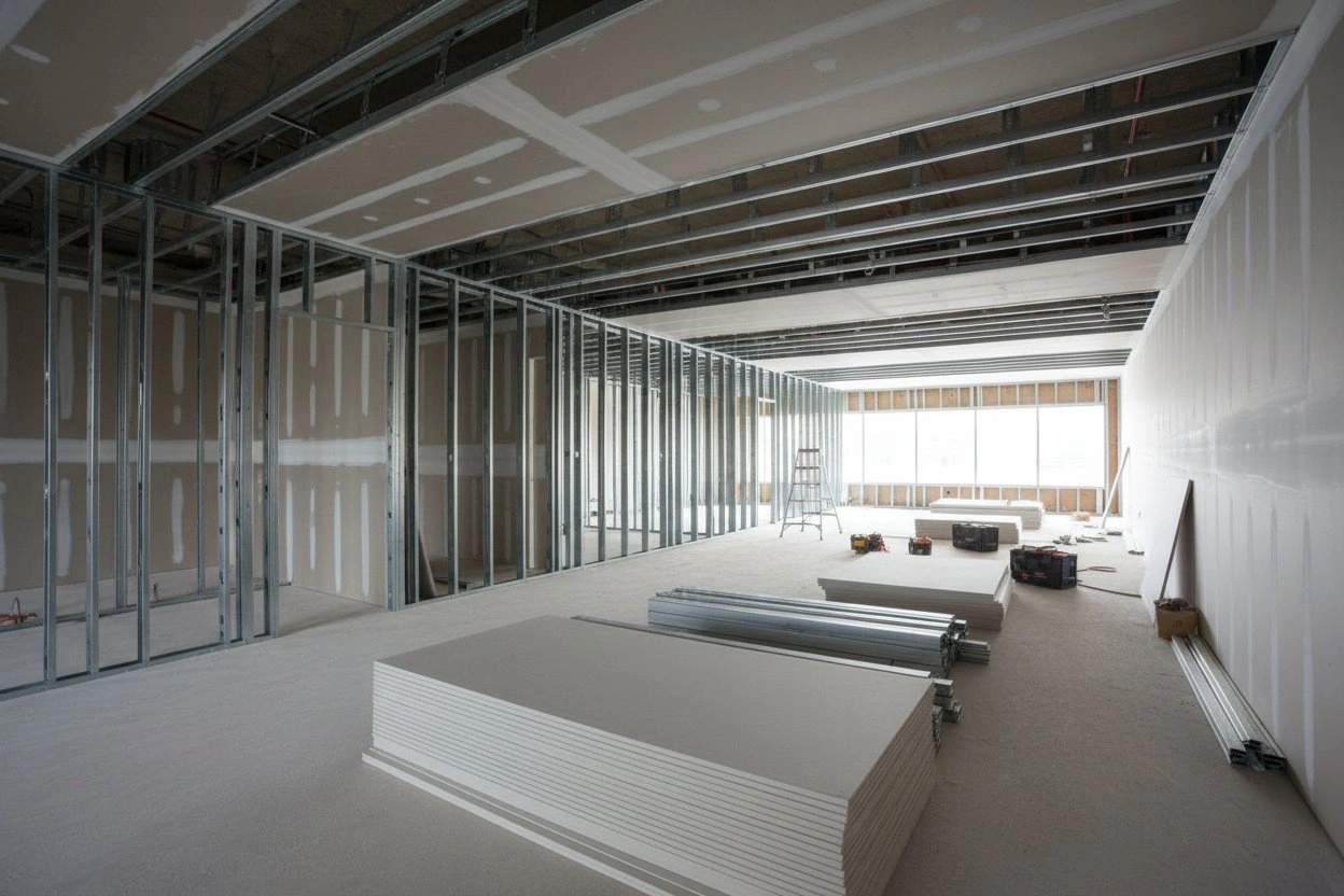 Commercial drywall installation in King City showing steel stud framing and drywall materials inside a commercial build by Express Drywall Services