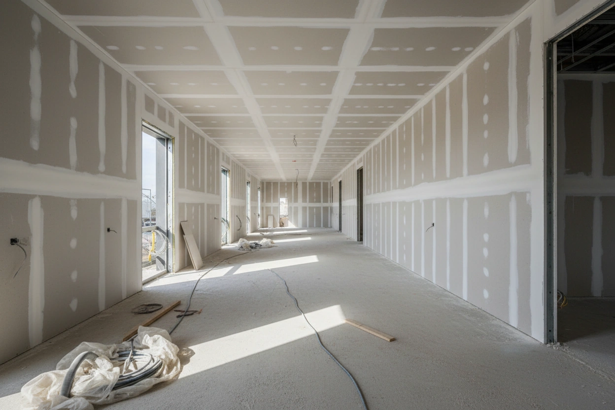 Commercial drywall installation in Aurora featuring fully boarded walls and ceilings with taped drywall joints by Express Drywall Services