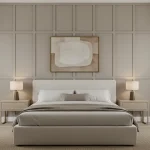 Board and batten wall bedroom accent with symmetrical panel layout