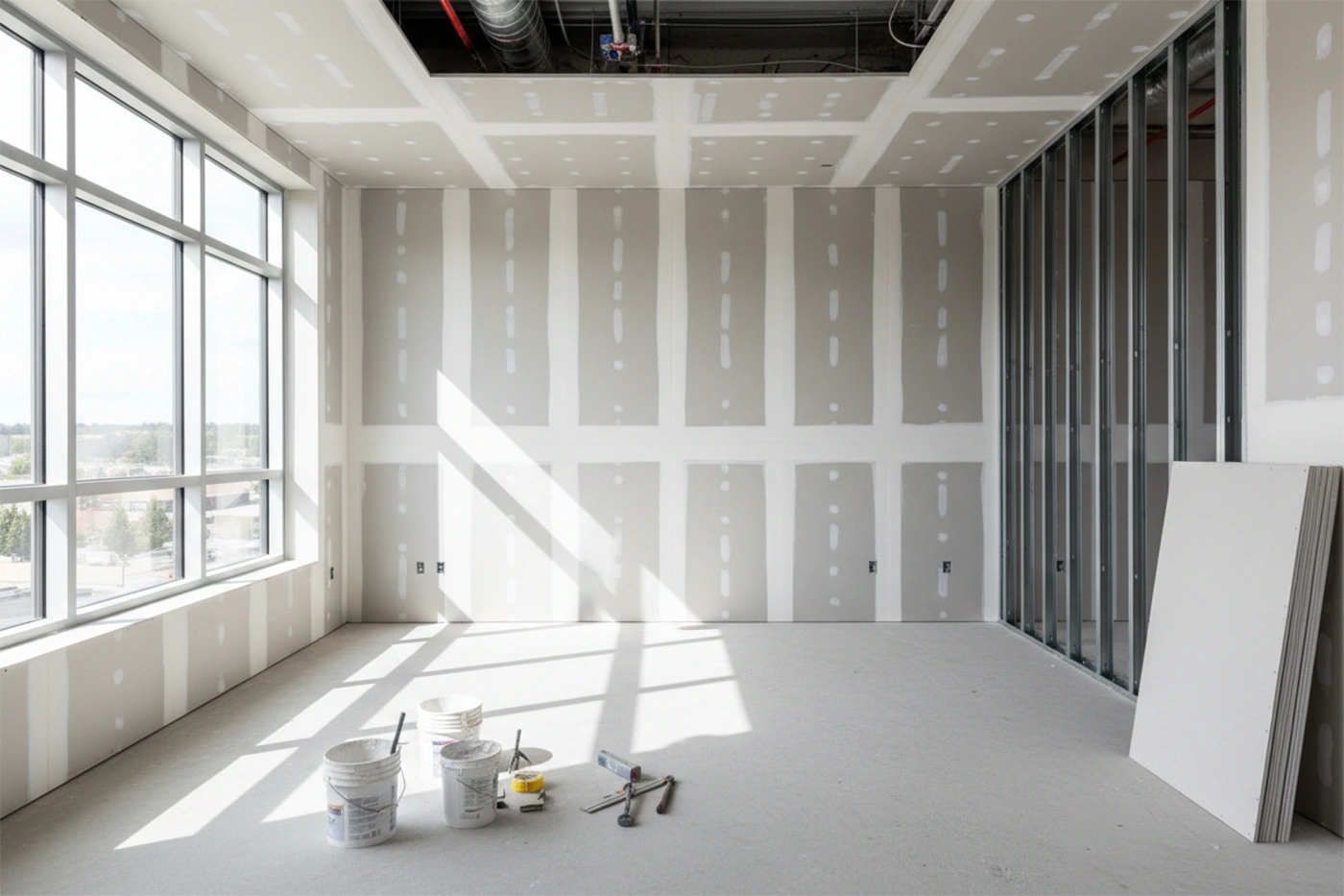 Commercial drywall installation in Caledon featuring taped drywall walls in open commercial space by Express Drywall Services