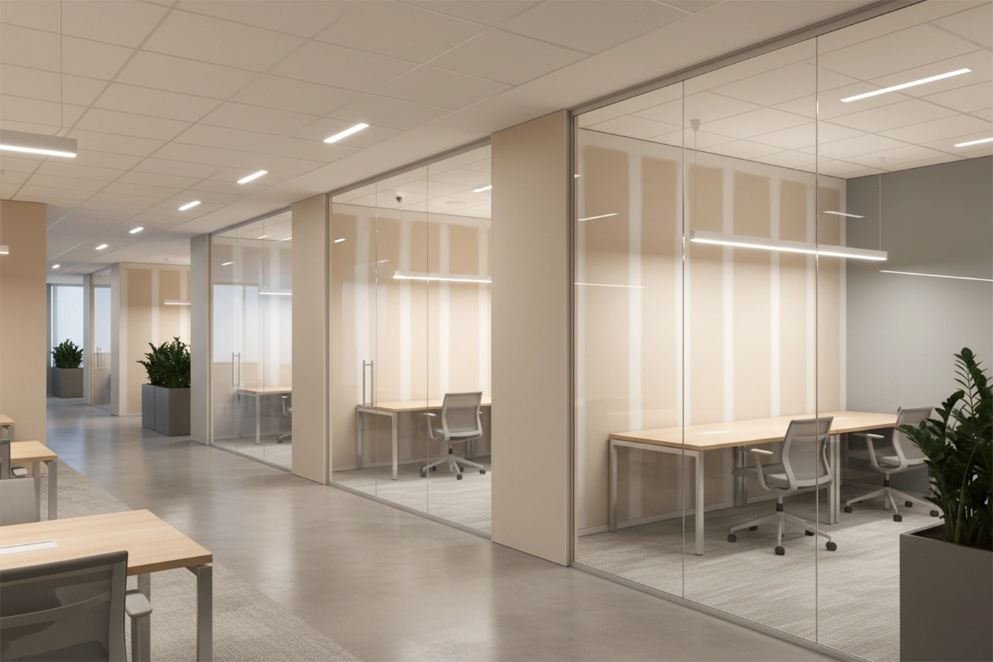 Commercial drywall installation in Caledon showing finished glass-partitioned office interior by Express Drywall Services