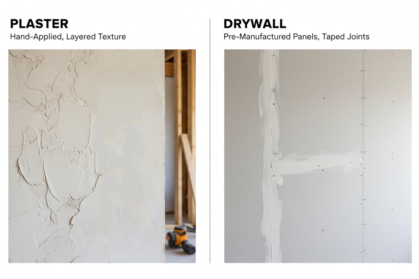 Plaster vs drywall side-by-side wall comparison with textured plaster and taped drywall joints