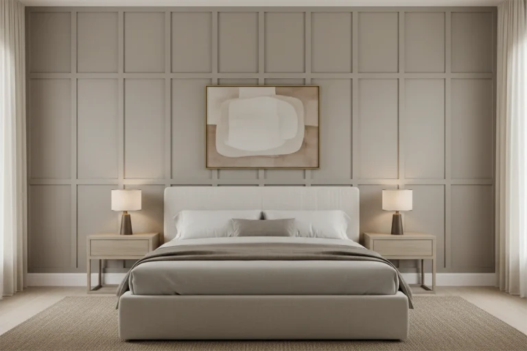 Board and batten wall bedroom accent with symmetrical panel layout