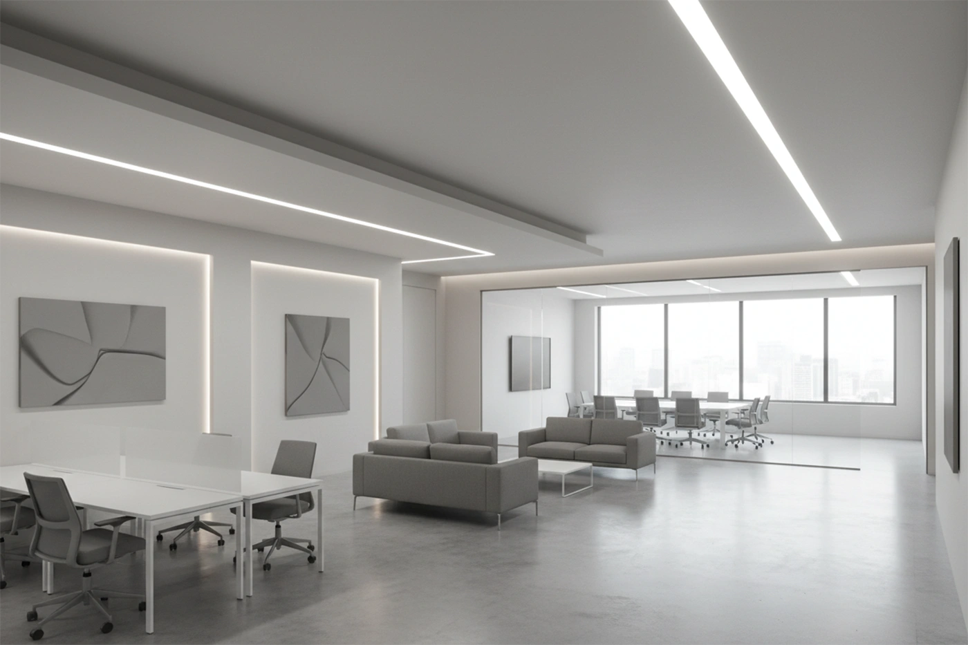 Commercial drywall installation in Halton Hills by Express Drywall Services with modern office layout, smooth drywall surfaces, and recessed lighting.