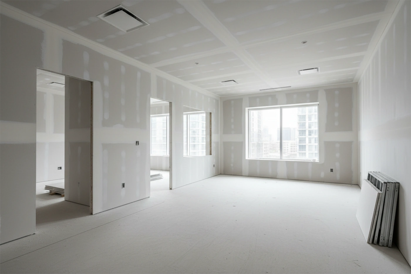Commercial drywall installation in Halton Hills by Express Drywall Services showing taped drywall walls and ceilings in an unfinished commercial unit.