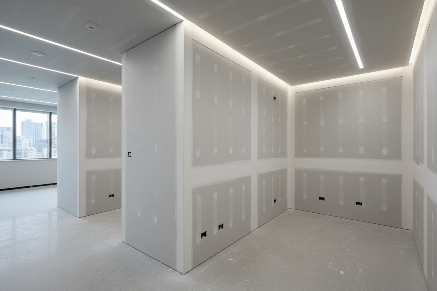 Commercial drywall installation in Halton Hills by Express Drywall Services showing finished drywall partitions with integrated ceiling lighting in a commercial space.